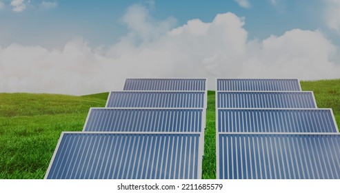 Image of stock market data processing over solar panels on grass against blue sky. Solar energy and technology concept - Powered by Shutterstock