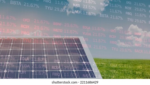 Image of stock market data processing over solar panel on grass against blue sky. Global economy and solar energy technology concept - Powered by Shutterstock