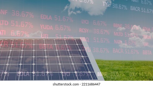 Image of stock market data processing over solar panel on grass against blue sky. Global economy and solar energy technology concept - Powered by Shutterstock