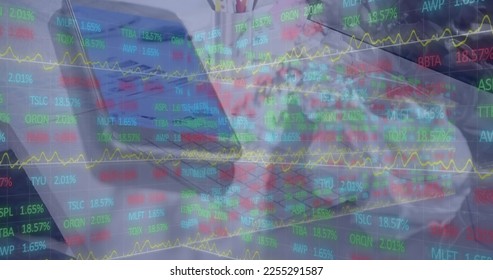 Image of stock market data processing against close up of a smartphone. Global economy and business technology concept