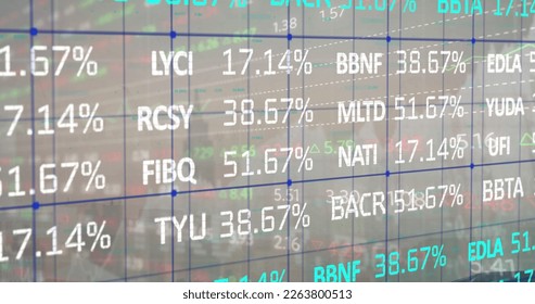Image of stock market data processing over world map against grey background. Global economy and business technology concept