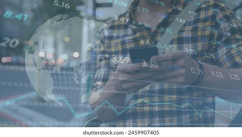 Image of stock market data processing against caucasian man using smartphone on the street. Global economy and business networking technology concept