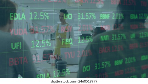 Image of stock market data processing over caucasian woman giving a presentation at office. Global economy and business technology concept