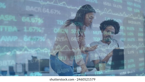 Image of stock market data processing over diverse man and woman discussing at office. Global economy and business technology concept