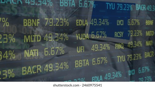 Image of stock market data processing against close up of a person holding digital tablet. Global economy and business technology concept
