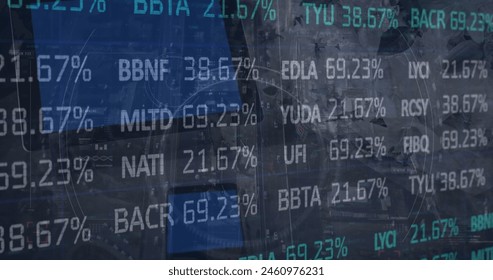 Image of stock market data processing against close up of a digital tablet and smartphone. Global economy and business technology concept