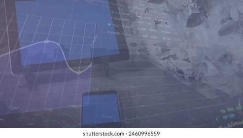 Image of stock market data processing against close up of a smartphone and digital tablet. Global economy and business technology concept