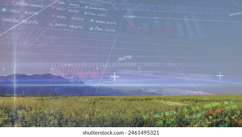 Image of stock market and data processing over field. Global business, nature and digital interface concept, digitally generated image.