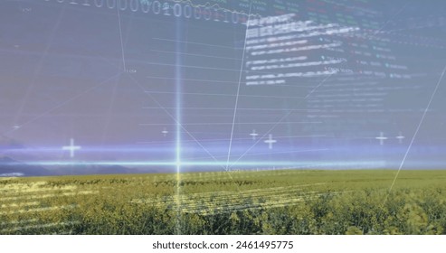 Image of stock market and data processing over field. Global business, nature and digital interface concept, digitally generated image.