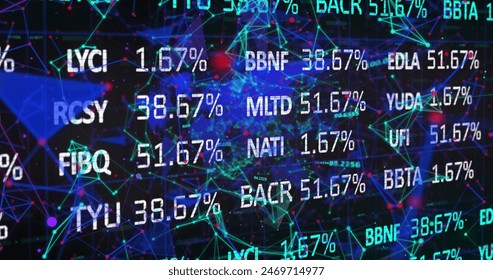 Image of stock market data processing over plexus network floating against black background. Global economy and business networking technology concept
