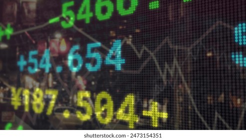 Image of stock market data processing against view of night city traffic. Global economy and business technology concept - Powered by Shutterstock