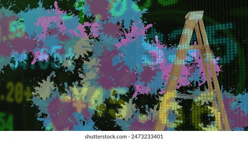 Image of stock market data processing against wooden step ladder and colorful paint stains. Global economy and business technology concept - Powered by Shutterstock