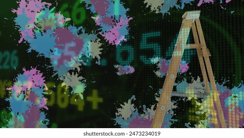 Image of stock market data processing against wooden step ladder and colorful paint stains. Global economy and business technology concept - Powered by Shutterstock