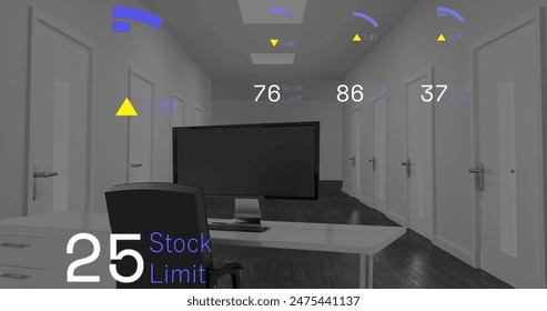 Image of stock market data processing against office desk. Computer interface and business technology concept