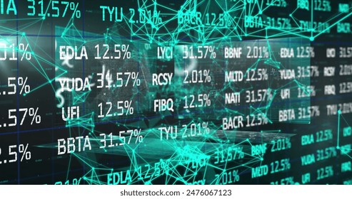 Image of stock market data processing and plexus network against screens with data processing. Global economy and business networking technology concept