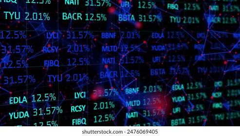 Image of stock market data processing over plexus networks against black background. Global economy and business networking technology concept
