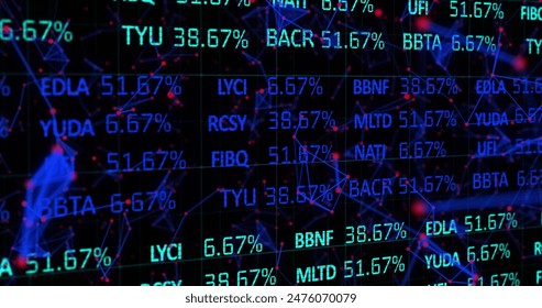 Image of stock market data processing over plexus networks against black background. Global economy and business networking technology concept