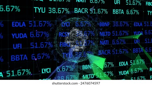 Image of stock market data processing over plexus networks and spinning globe. Global economy and business networking technology concept