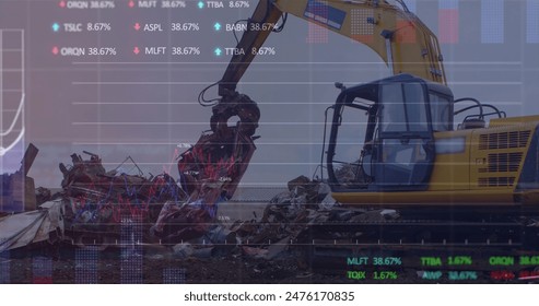 Image of stock market data processing over hydraulic vehicle operating at junkyard. Global economy and business technology concept - Powered by Shutterstock