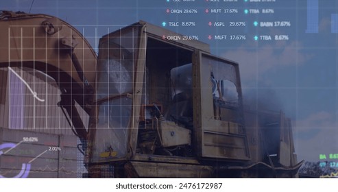 Image of stock market data processing over hydraulic vehicle operating at junkyard. Global economy and business technology concept - Powered by Shutterstock