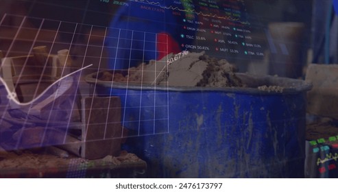 Image of stock market data processing over mid section of man putting saw dust in storage tank. Global economy and business technology concept - Powered by Shutterstock - Get 15% off with code: PIKWIZARD15