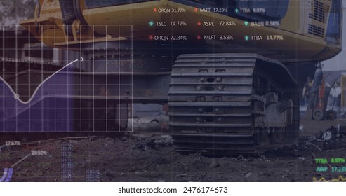 Image of stock market data processing over hydraulic vehicle operating at junkyard. Global economy and business technology concept - Powered by Shutterstock