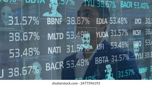 Image of stock market data processing over thoughtful biracial businessman at office. Global economy and business technology concept