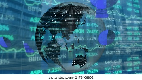 Image of stock market data processing over spinning globe against city street. Global economy and business technology concept - Powered by Shutterstock - Get 15% off with code: PIKWIZARD15
