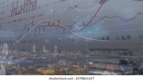 Image of stock market and data processing over cityscape. Global business and technology concept, digitally generated image.