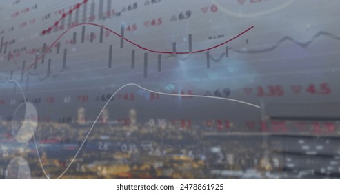 Image of stock market and data processing over cityscape. Global business and technology concept, digitally generated image.