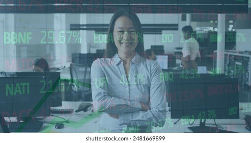 Image of stock market data processing against portrait of asian businesswoman smiling at office. Global economy and business technology concept