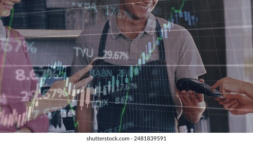 Image of stock market data processing over caucasian woman making a payment by credit card. Digital payment and business technology concept