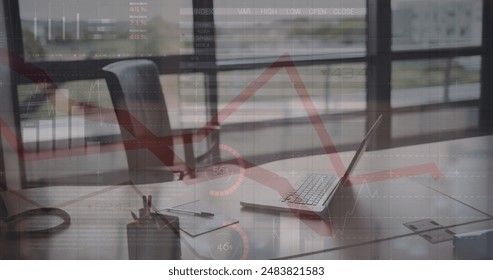 Image of stock market data processing against office desk. Computer interface and business data technology concept - Powered by Shutterstock - Get 15% off with code: PIKWIZARD15