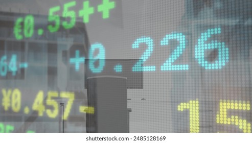 Image of stock market data processing against office desk. Global economy and business technology concept