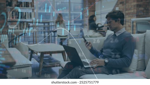 Image of stock market data processing over caucasian man taking on smartphone at office. Global economy and business technology concept