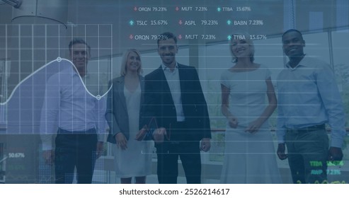 Image of stock market data processing over group of diverse businesspeople celebrating at office. Global economy and business data technology concept