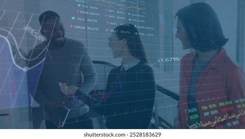 Image of stock market data processing over diverse colleagues discussing over whiteboard. Global economy and business technology concept