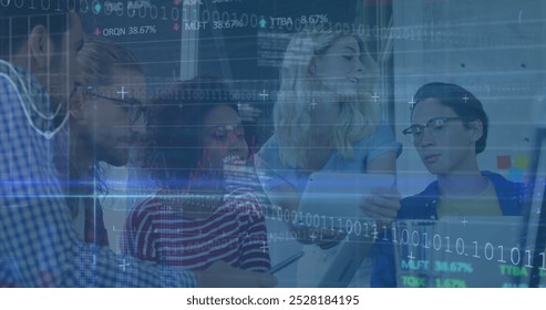 Image of stock market data processing over diverse colleagues discussing over a digital tablet. Global economy and business technology concept - Powered by Shutterstock