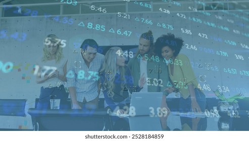 Image of stock market data processing over group of diverse colleagues discussing over a laptop. Global economy and business technology concept - Powered by Shutterstock