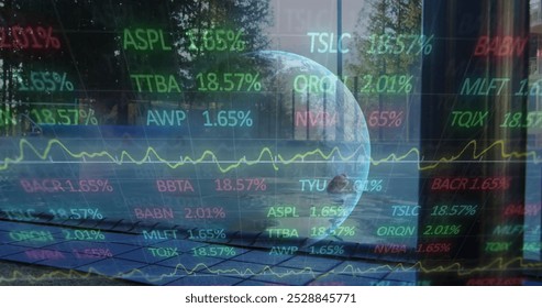 Image of stock market data processing and spinning globe against man in swimming pool. Global economy and business networking technology concept