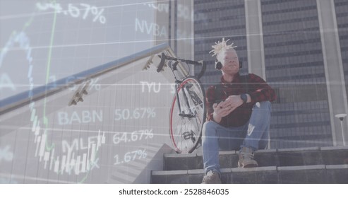 Image of stock market data processing over albino man listening to music sitting on the stairs. Global economy and business networking technology concept - Powered by Shutterstock