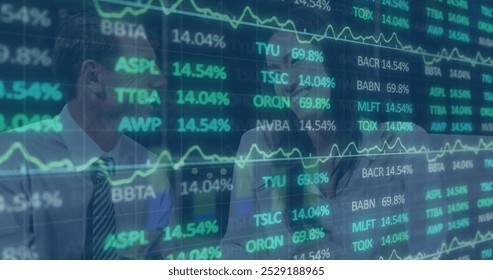 Image of stock market data processing over two diverse businessman and businesswoman discussing. Global economy and business technology concept - Powered by Shutterstock