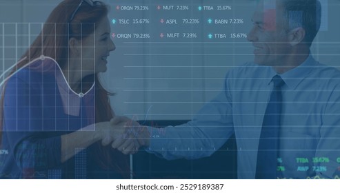 Image of stock market data processing over diverse businessman and businesswoman shaking hands. Global economy and business technology concept - Powered by Shutterstock