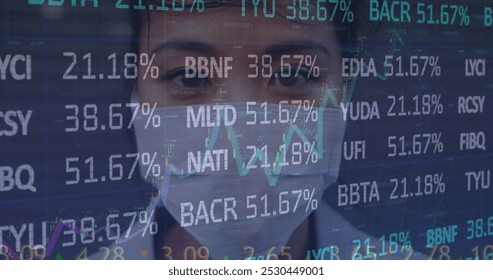 Image of stock market and data processing over asian businesswoman wearing face mask. Global business, covid 19 pandemic and digital interface concept digitally generated image.