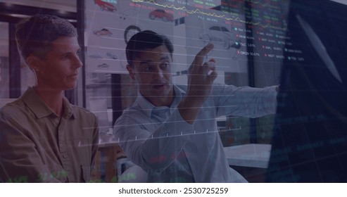 Image of stock market data processing over two diverse male engineers discussing over car model. Global business and architectural engineering technology concept - Powered by Shutterstock