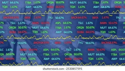 Image of stock market data processing against computers on office desks. Global economy and business technology concept