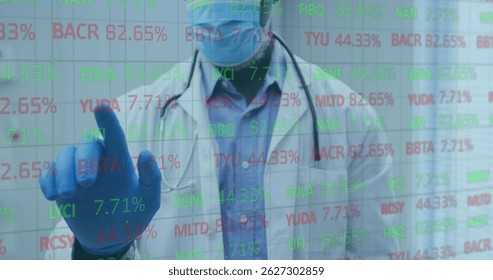Image of stock market data processing over male doctor touching an invisible screen. Global economy and medical healthcare technology concept