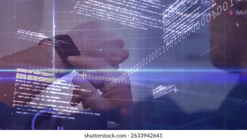 Image of stock market data processing over rear view of caucasian businessman using smartwatch. Global economy and business technology concept