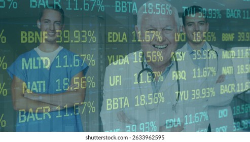 Image of stock market data processing over team of diverse male medical health workers standing. Global economy and healthcare concept