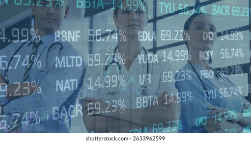 Image of stock market data processing over team of diverse medical health workers standing. Global economy and healthcare concept